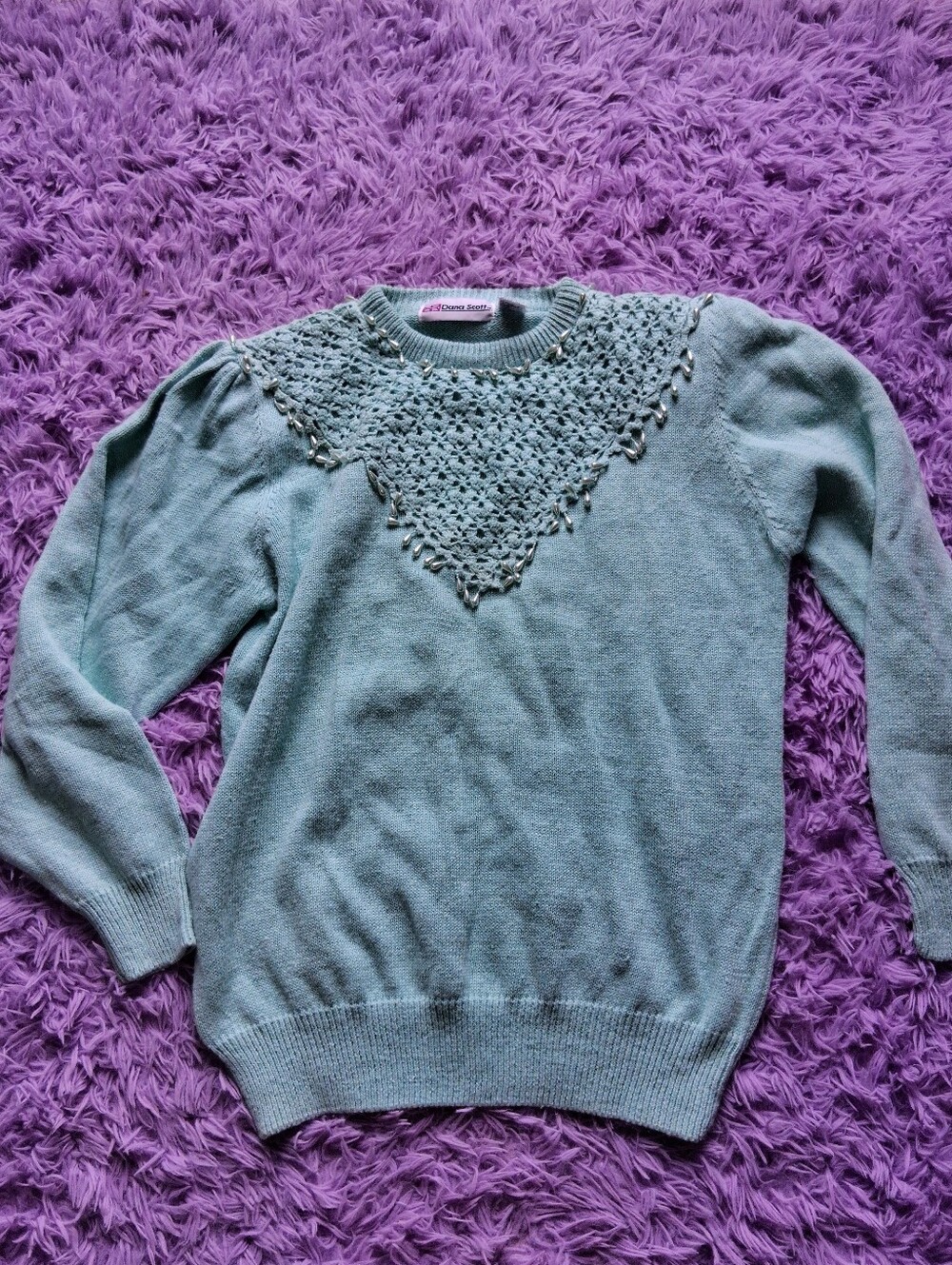 Vintage Blue Knit Sweater Pearl Accents